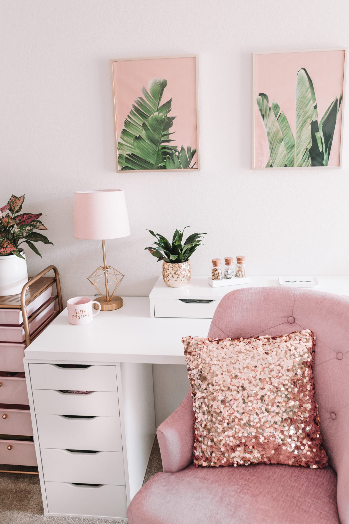 Pink Gold Home Office Decor Office Reveal Tropical Home Office Bohemian Home Office3 1440x2160 